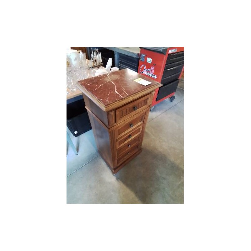 CHEVET BOIS MOULURÉ 3 TIROIR 1 PORTE DESSUS MARBRE ROUGE FIN XIXE