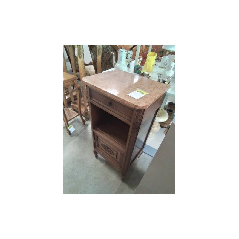 CHEVET ANNÉES 40 BOIS SCULPTÉ 1 TIROIR 1 NICHE DESSU MARBRE ROSE