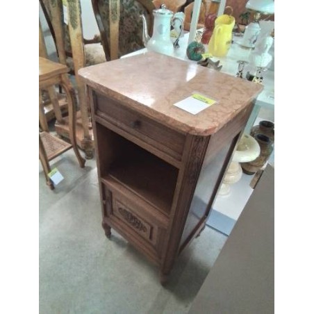 CHEVET ANNÉES 40 BOIS SCULPTÉ 1 TIROIR 1 NICHE DESSU MARBRE ROSE