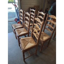 6 CHAISES BOIS PAILLÉ A ENTRETOISE PIEDS BALUSTRE DOSSIER 4 BARREAUX CHANTOURNÉ 