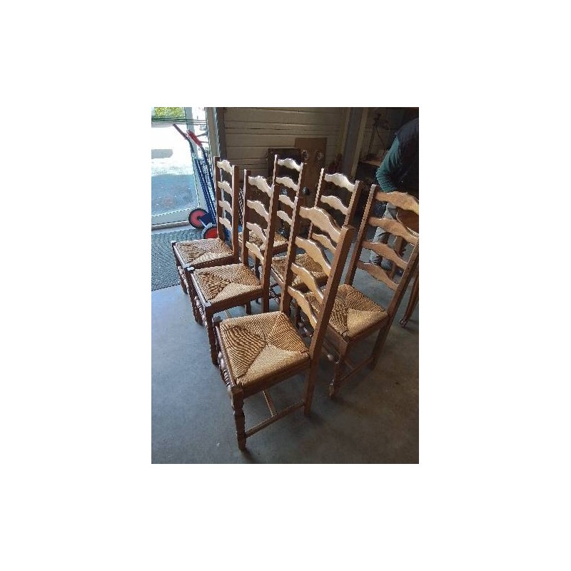 6 CHAISES BOIS PAILLÉ A ENTRETOISE PIEDS BALUSTRE DOSSIER 4 BARREAUX CHANTOURNÉ 