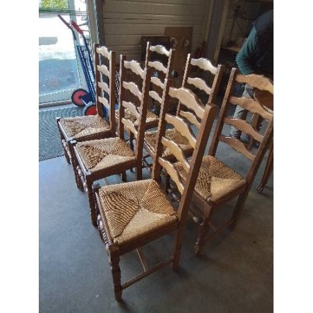 6 CHAISES BOIS PAILLÉ A ENTRETOISE PIEDS BALUSTRE DOSSIER 4 BARREAUX CHANTOURNÉ 