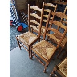 6 CHAISES BOIS PAILLÉ A ENTRETOISE PIEDS BALUSTRE DOSSIER 4 BARREAUX CHANTOURNÉ 