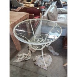 TABLE RONDE DE JARDIN PIÈTEMENT MÉTAL ECRU AUX FEUILLES 2 PLATEAUX VERRE