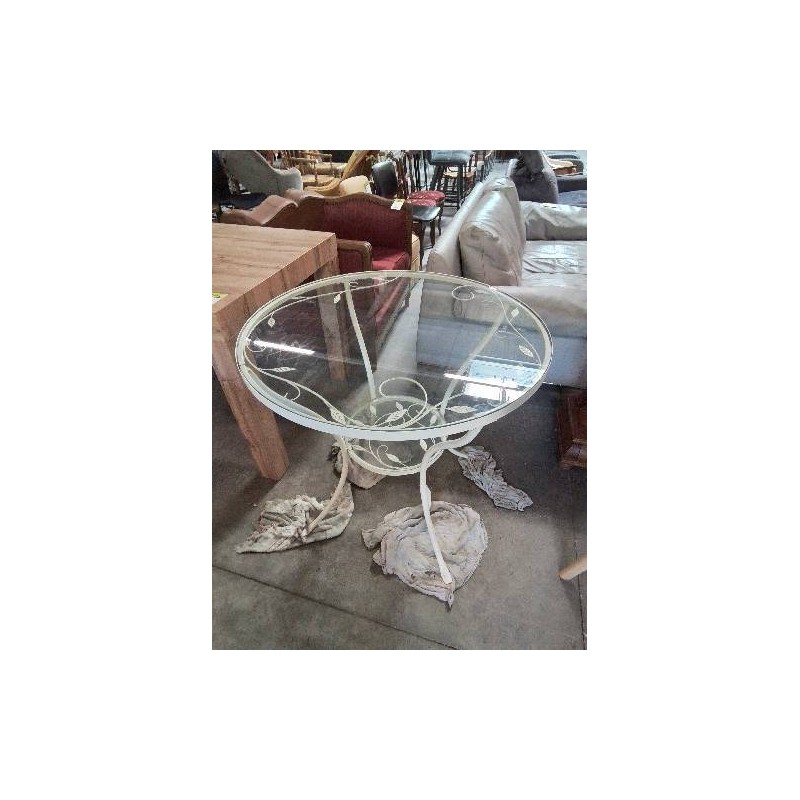 TABLE RONDE DE JARDIN PIÈTEMENT MÉTAL ECRU AUX FEUILLES 2 PLATEAUX VERRE
