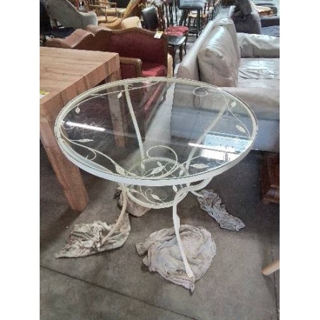 TABLE RONDE DE JARDIN PIÈTEMENT MÉTAL ECRU AUX FEUILLES 2 PLATEAUX VERRE