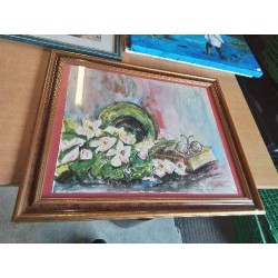 AQUARELLE NATURE MORTE AU LIVRE CADRE BOIS MOULURÉ 
