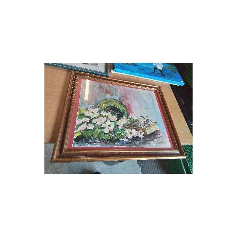 AQUARELLE NATURE MORTE AU LIVRE CADRE BOIS MOULURÉ 