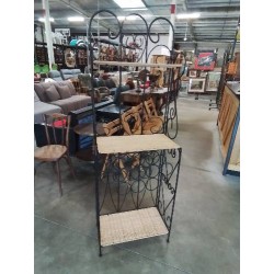 ÉTAGÈRE RANGE BOUTEILLES METAL NOIR ET VANNERIE 3 TABLETTES 