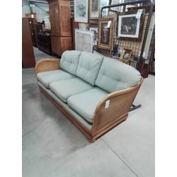SALON 3 PIÈCES CANAPÉ ET 2 FAUTEUILS BOIS CANNÉ COUSSINS TISSU VERT