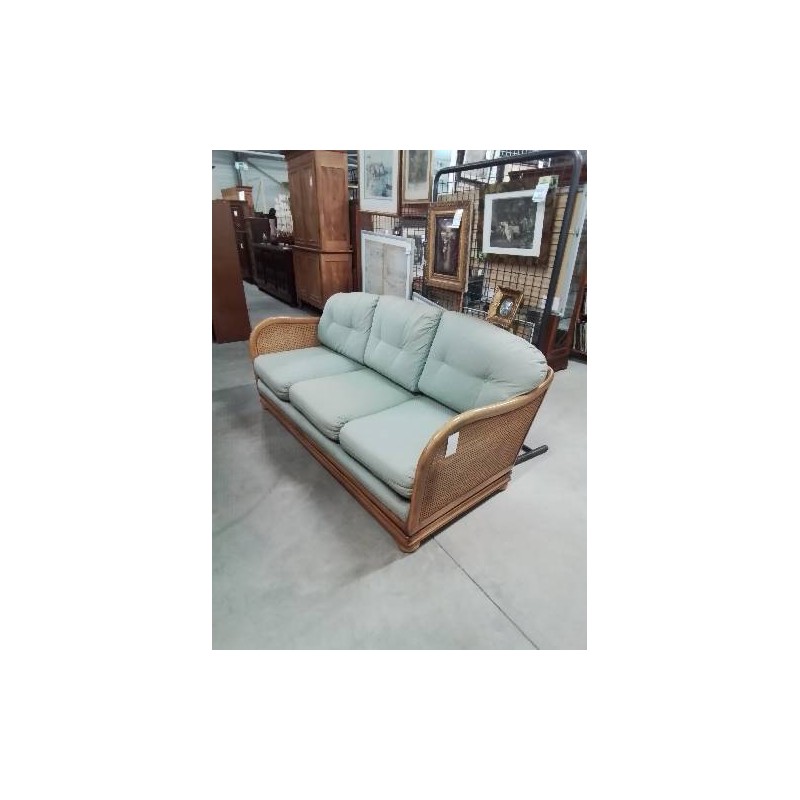 SALON 3 PIÈCES CANAPÉ ET 2 FAUTEUILS BOIS CANNÉ COUSSINS TISSU VERT