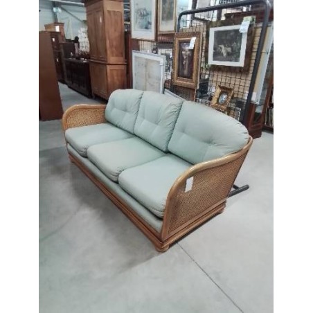 SALON 3 PIÈCES CANAPÉ ET 2 FAUTEUILS BOIS CANNÉ COUSSINS TISSU VERT