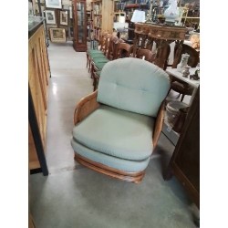SALON 3 PIÈCES CANAPÉ ET 2 FAUTEUILS BOIS CANNÉ COUSSINS TISSU VERT
