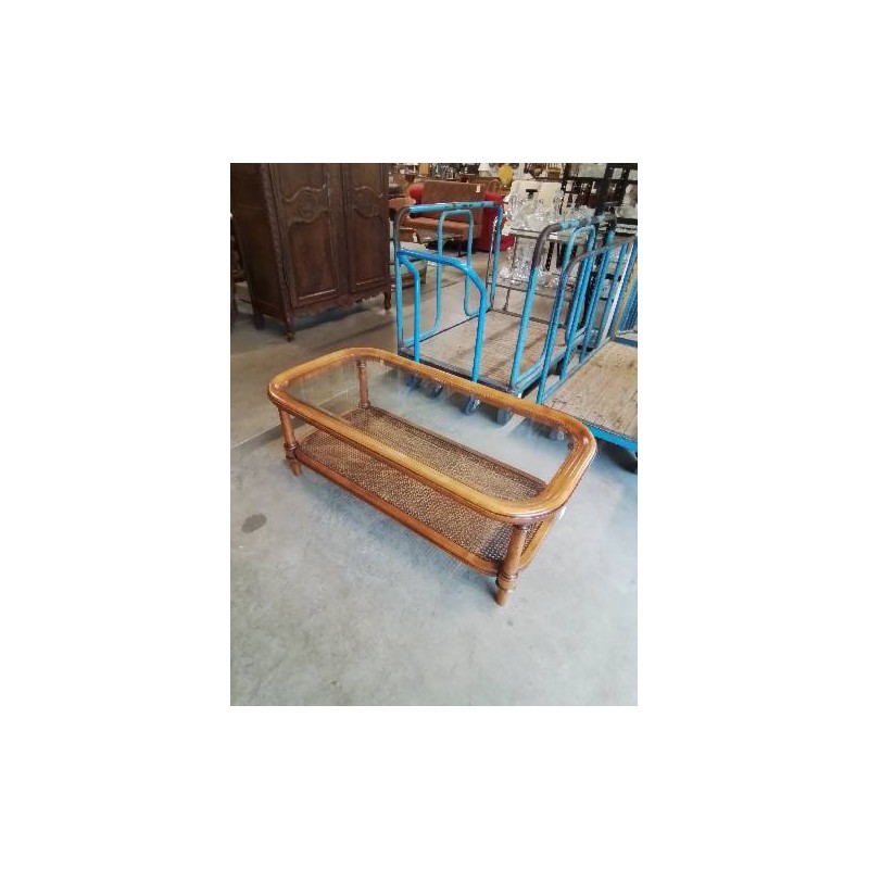 TABLE BASSE RECTANGULAIRE BOIS CLAIR DESSOUS CANNÉ PLATEAU VERRE