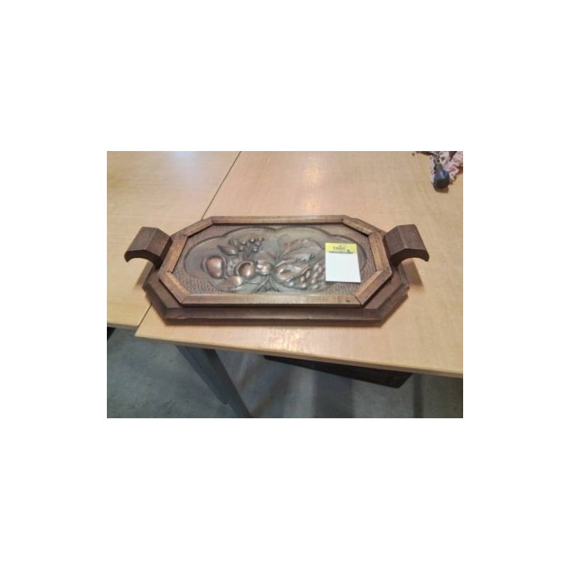PLATEAU BOIS SCULPTÉ VERRE ANNÉES 40