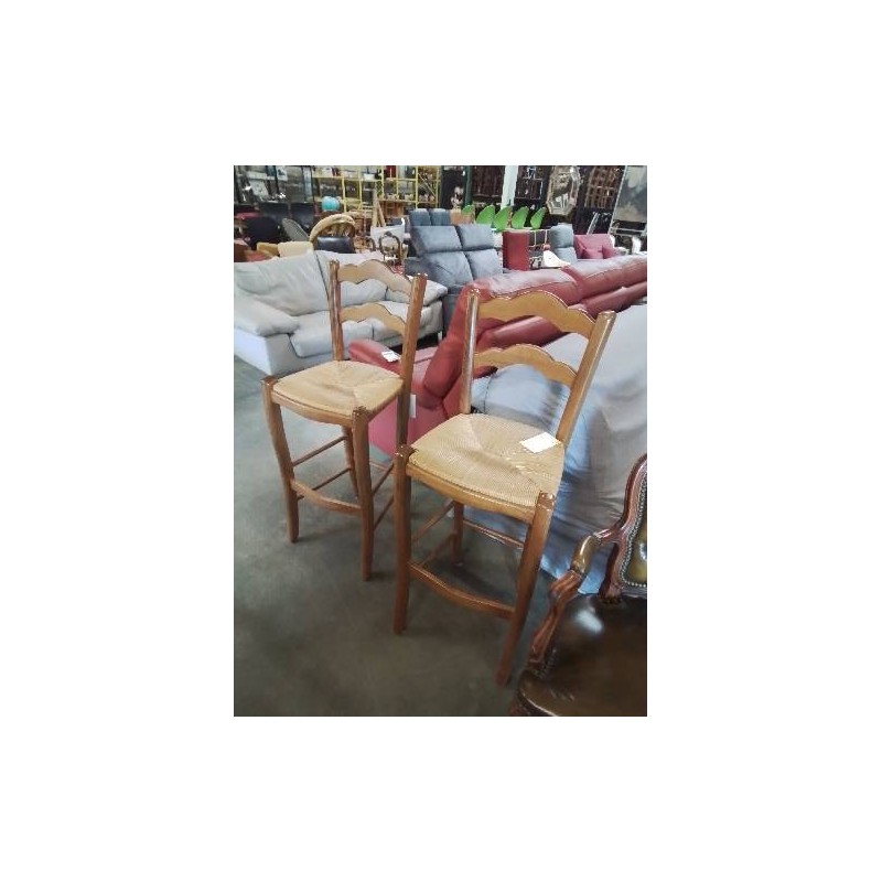 PAIRE DE TABOURETS DE BAR BOIS CLAIR ASSISE PAILLÉ DOSSIER 2 BARREAUX CHANTOURNÉ 