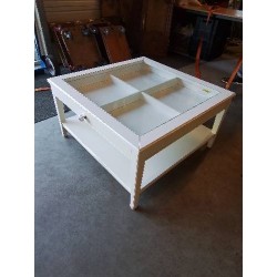 TABLE BASSE CARRÉE BOIS BLANC 1 TIROIR DESSUS TABLETTE VERRE