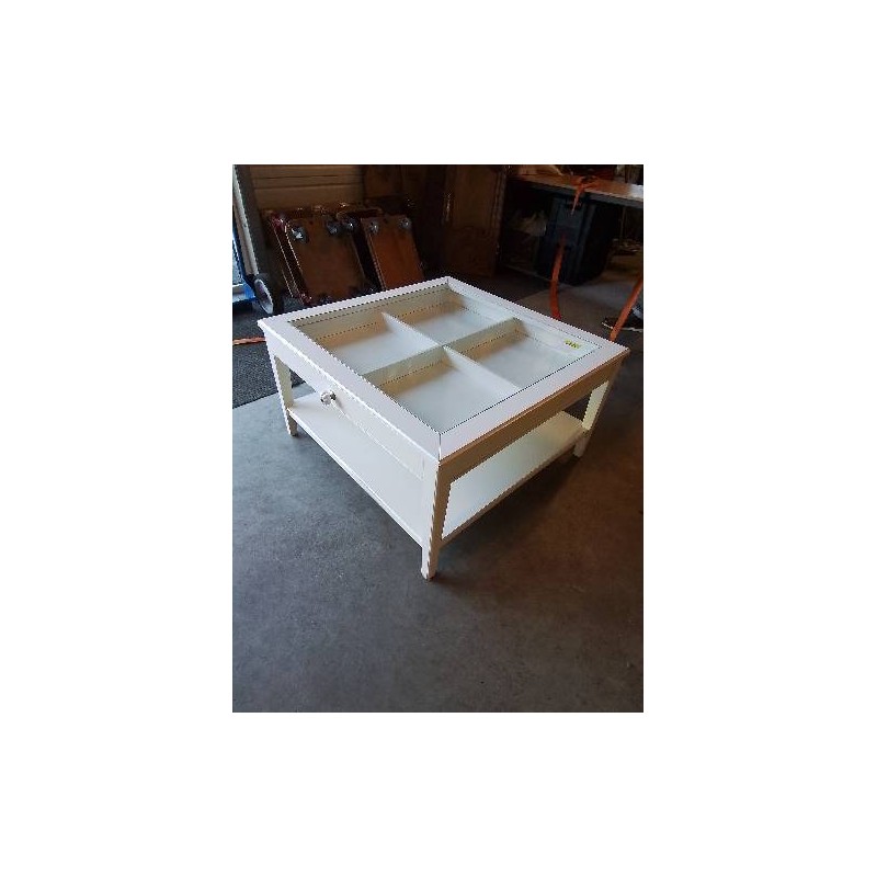 TABLE BASSE CARRÉE BOIS BLANC 1 TIROIR DESSUS TABLETTE VERRE