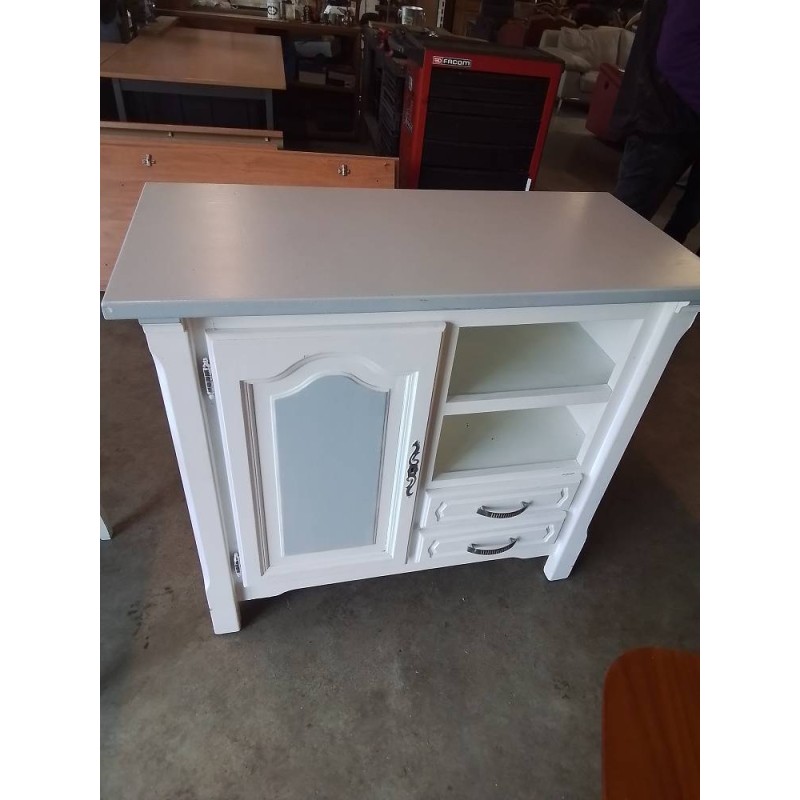 BUFFET BOIS PEINT ECRU ET TAUPE 1 PORTE 2 TIROIRS 2 NICHES