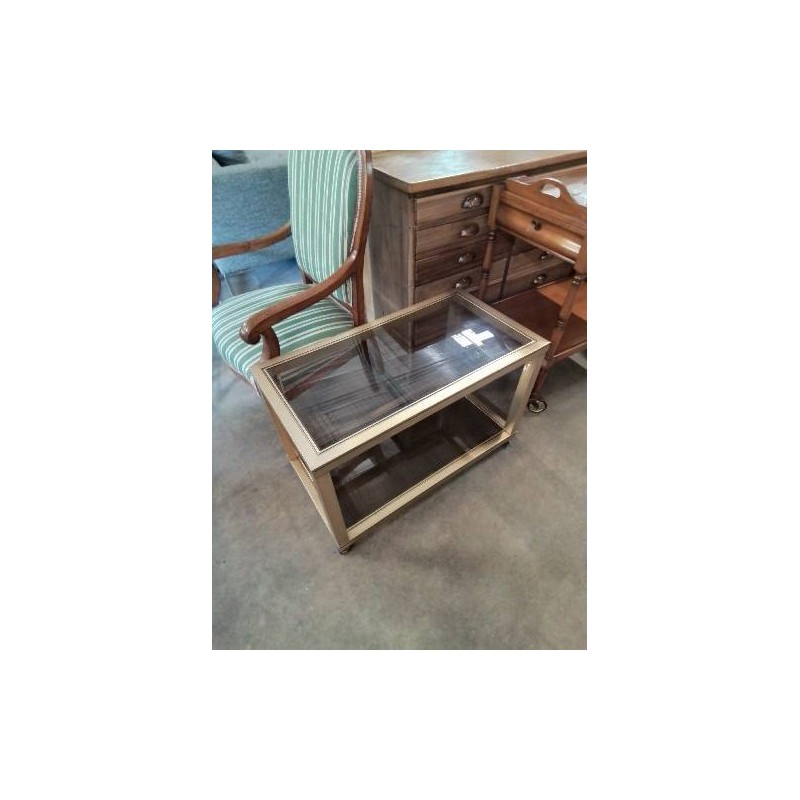 CONSOLE A ROULETTES LAITON ET 2 PLATEAUX VERRE FUMÉ ANNÉES 70