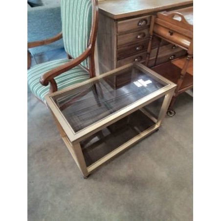 CONSOLE A ROULETTES LAITON ET 2 PLATEAUX VERRE FUMÉ ANNÉES 70