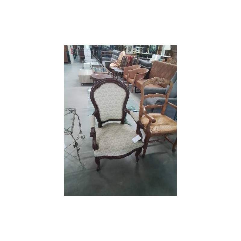 FAUTEUIL LOUIS PHILIPPE ACAJOU ASSISE ET DOSSIER CAPITONNÉ TISSU ÉCRU FLEURI 