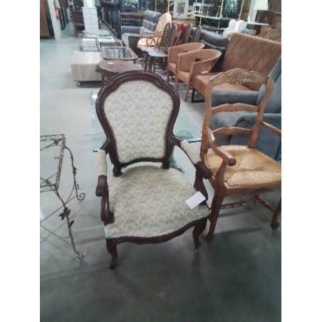 FAUTEUIL LOUIS PHILIPPE ACAJOU ASSISE ET DOSSIER CAPITONNÉ TISSU ÉCRU FLEURI 