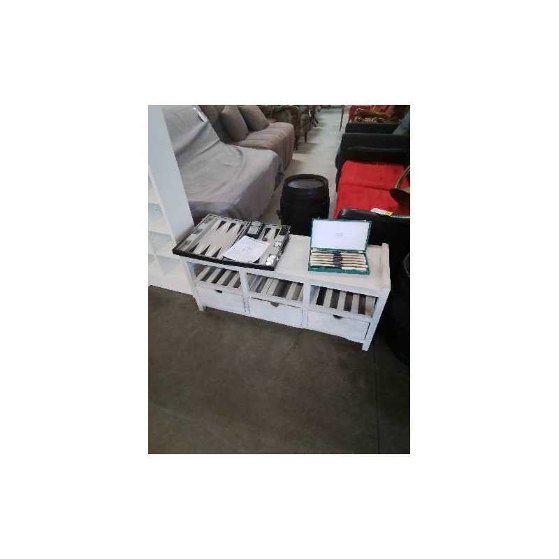 MEUBLE BAS RECTANGULAIRE BOIS GRIS 3 TIROIRS 3 NICHES 