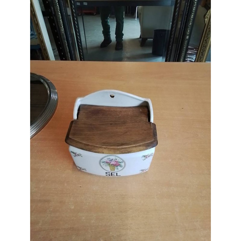 BOÎTE A SEL CÉRAMIQUE AUX FLEURS ET BOIS XIXE 