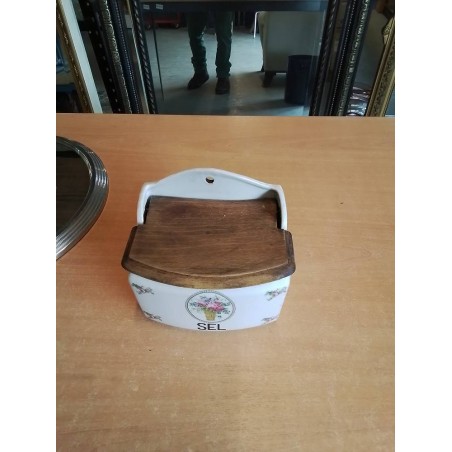 BOÎTE A SEL CÉRAMIQUE AUX FLEURS ET BOIS XIXE 