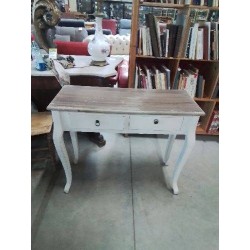 CONSOLE RECTANGULAIRE BOIS BLANC ET NATUREL PIEDS GALBÉS 2 TIROIRS 