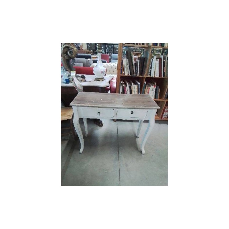 CONSOLE RECTANGULAIRE BOIS BLANC ET NATUREL PIEDS GALBÉS 2 TIROIRS 
