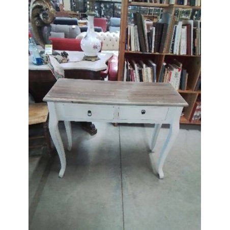 CONSOLE RECTANGULAIRE BOIS BLANC ET NATUREL PIEDS GALBÉS 2 TIROIRS 