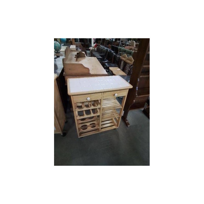 MEUBLE DE CUISINE PORTE BOUTEILLES BOIS CLAIR DESSUS CARRELÉ 2 TIROIRS 