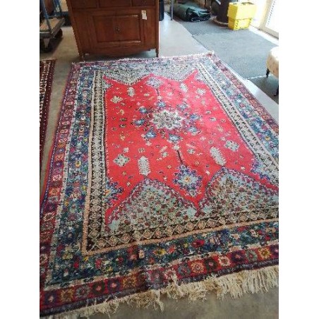 TAPIS LAINE FAIT MAIN MAROC ROUGE BLEU ÉCRU 300X208CM