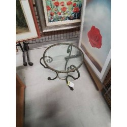 TABLE BASSE RONDE FER FORGÉ VERT ET DORÉ PLATEAU VERRE ANNÉES 50