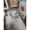 TABLE BASSE RONDE FER FORGÉ VERT ET DORÉ PLATEAU VERRE ANNÉES 50