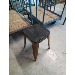 TABOURET PIÈTEMENT MÉTAL DORÉ ASSISE BOIS NOIR STYLE INDUSTRIEL 