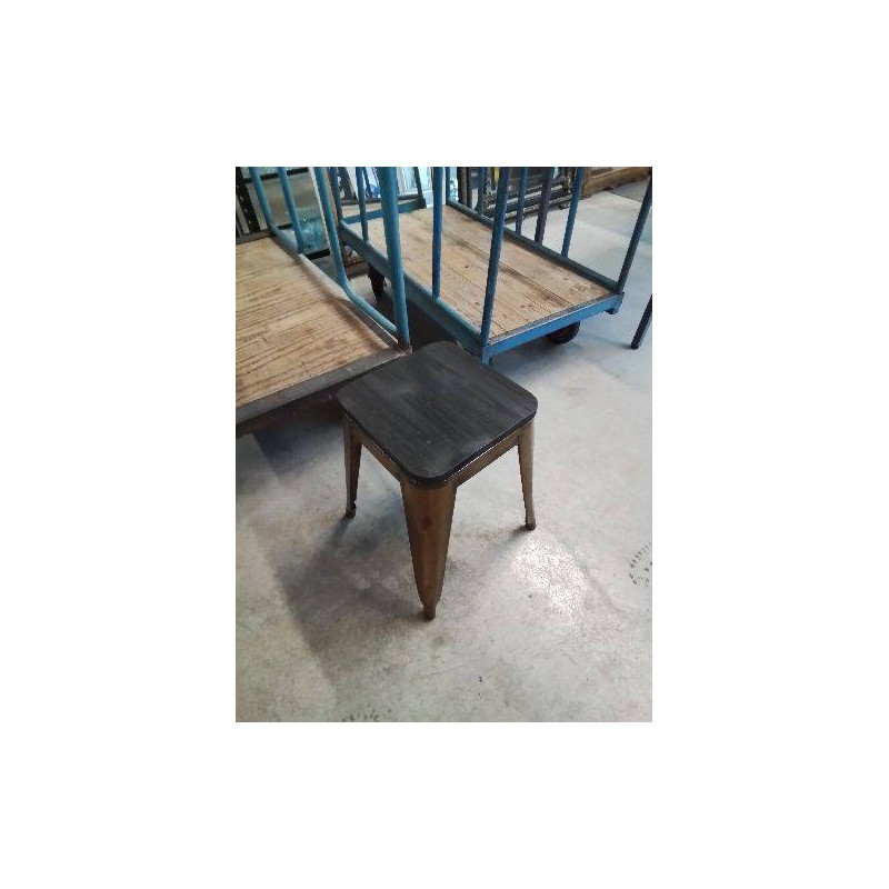 TABOURET PIÈTEMENT MÉTAL DORÉ ASSISE BOIS NOIR STYLE INDUSTRIEL 