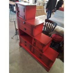 MEUBLE ESCALIER BOIS ROUGE 6 TIROIRS 2 PORTES 1 NICHE STYLE ASIATIQUE 