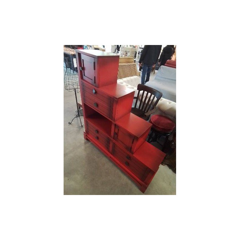 MEUBLE ESCALIER BOIS ROUGE 6 TIROIRS 2 PORTES 1 NICHE STYLE ASIATIQUE 