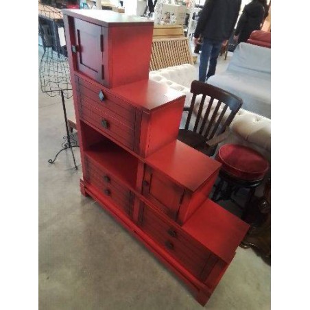 MEUBLE ESCALIER BOIS ROUGE 6 TIROIRS 2 PORTES 1 NICHE STYLE ASIATIQUE 
