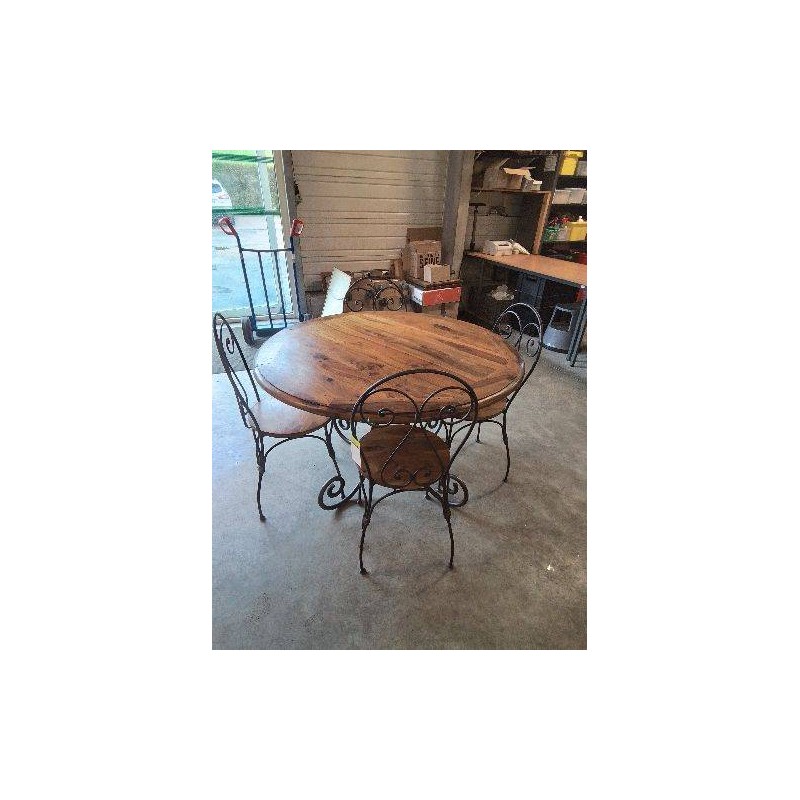 TABLE RONDE ET 4 CHAISES FER FORGÉ ET BOIS 