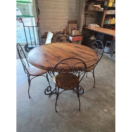 TABLE RONDE ET 4 CHAISES FER FORGÉ ET BOIS 
