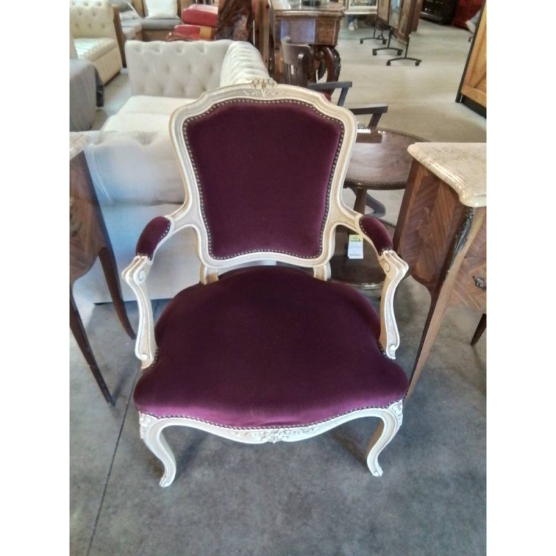 CABRIOLET BOIS ÉCRU CAPITONNÉ VELOURS MAUVE 