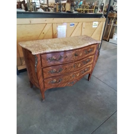 COMMODE GALBEE BOIS MARQUETÉ GARNITURES BRONZE 3 TIROIRS DESSUS MARBRE STYLE LOUIS XV 