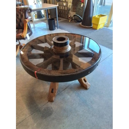 TABLE BASSE RONDE ROUE DE CHARETTE BOIS CERCLÉ 