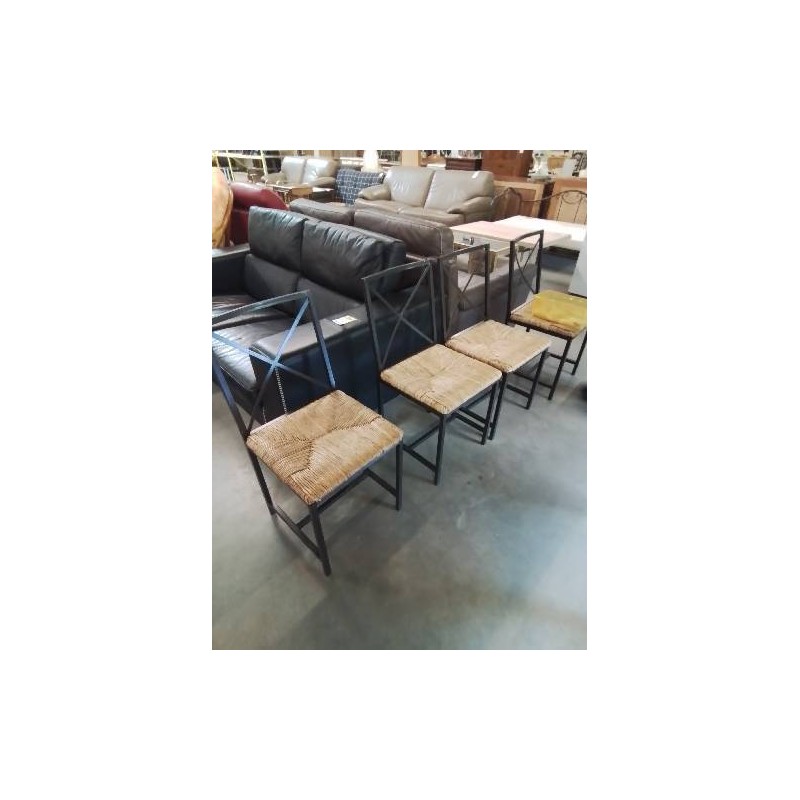 4 CHAISES PIÈTEMENT MÉTAL NOIR ASSISE PAILLÉE