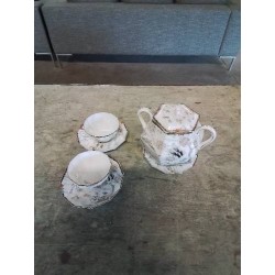 SUCRIER ET 2 TASSES AVEC SOUCOUPES PORCELAINE CHINE KUTANI DÉBUT XXE