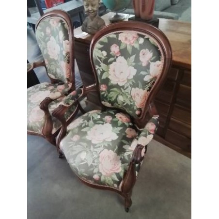 FAUTEUIL ACAJOU CAPITONNÉ TISSU VERT DÉCOR AUX ROSE NAPOLÉON III 